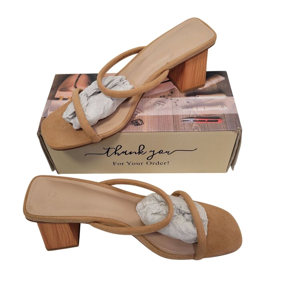 Women's Tan Suede Heeled Sandals With Block Wooden Heel & Strappy Design Size 8